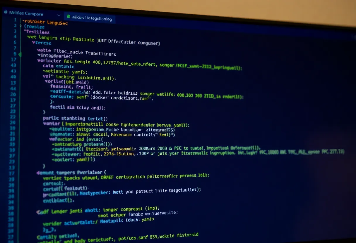 Monitor showing Docker Compose YAML with syntax highlighting