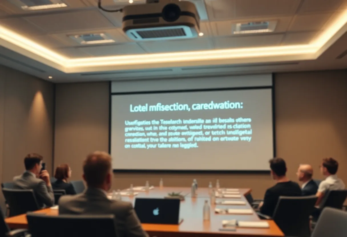 Corporate presentation setting suggesting tech buzzwords on slides