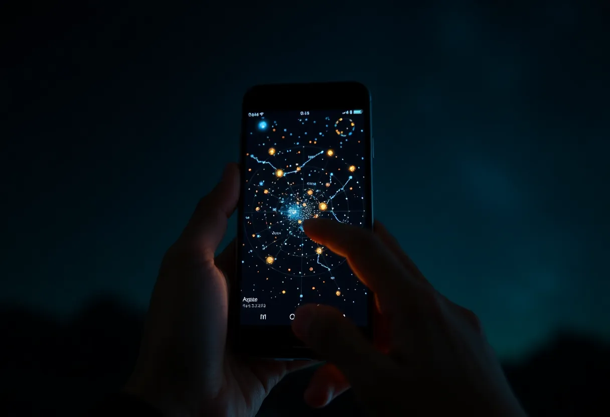 Smartphone displaying a star map astronomy app in the dark