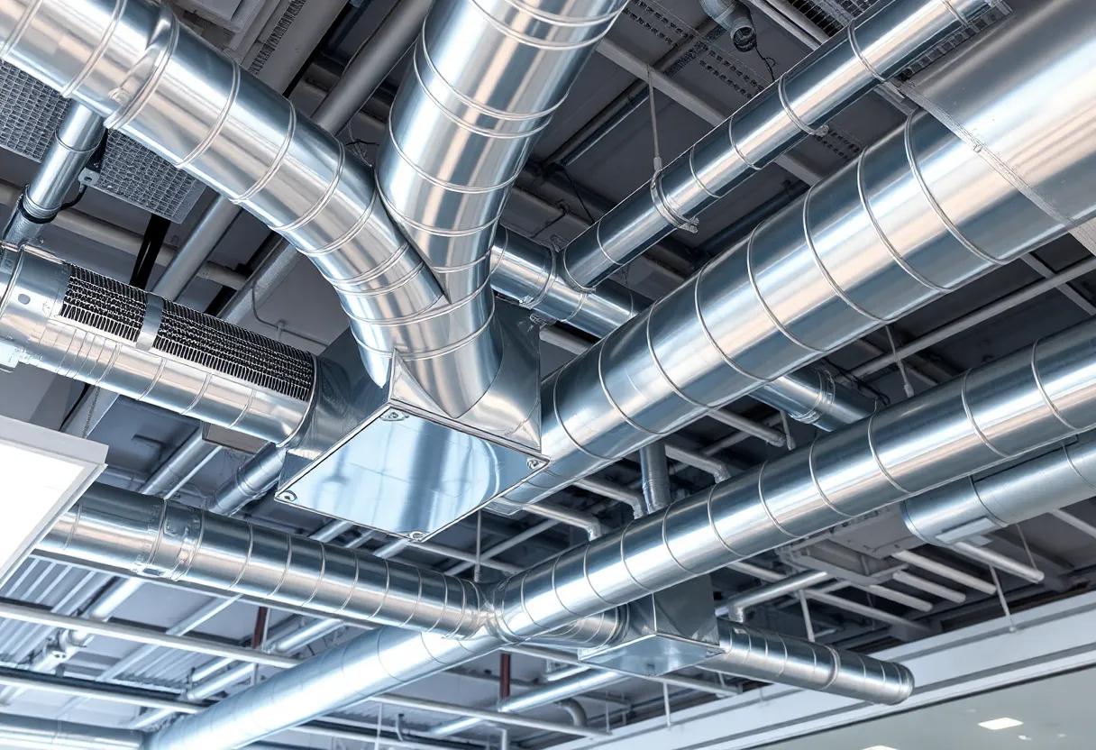 Commercial HVAC ductwork in an office ceiling