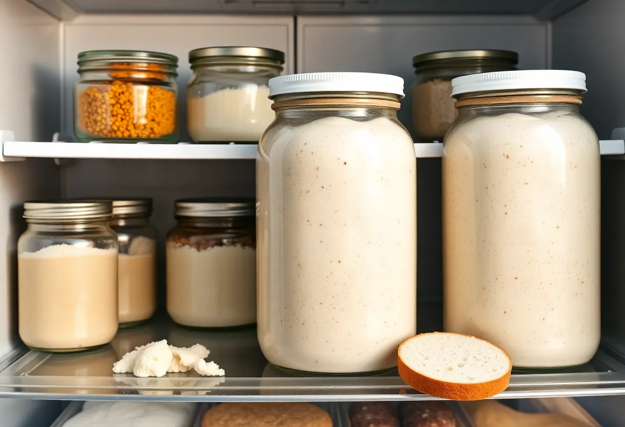 Jars of sourdough starter and ferments on refrigerator shelves