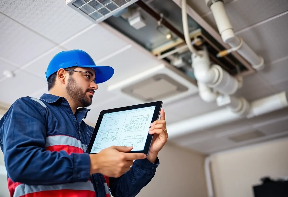 Facilities professional reviewing building ventilation plans on site