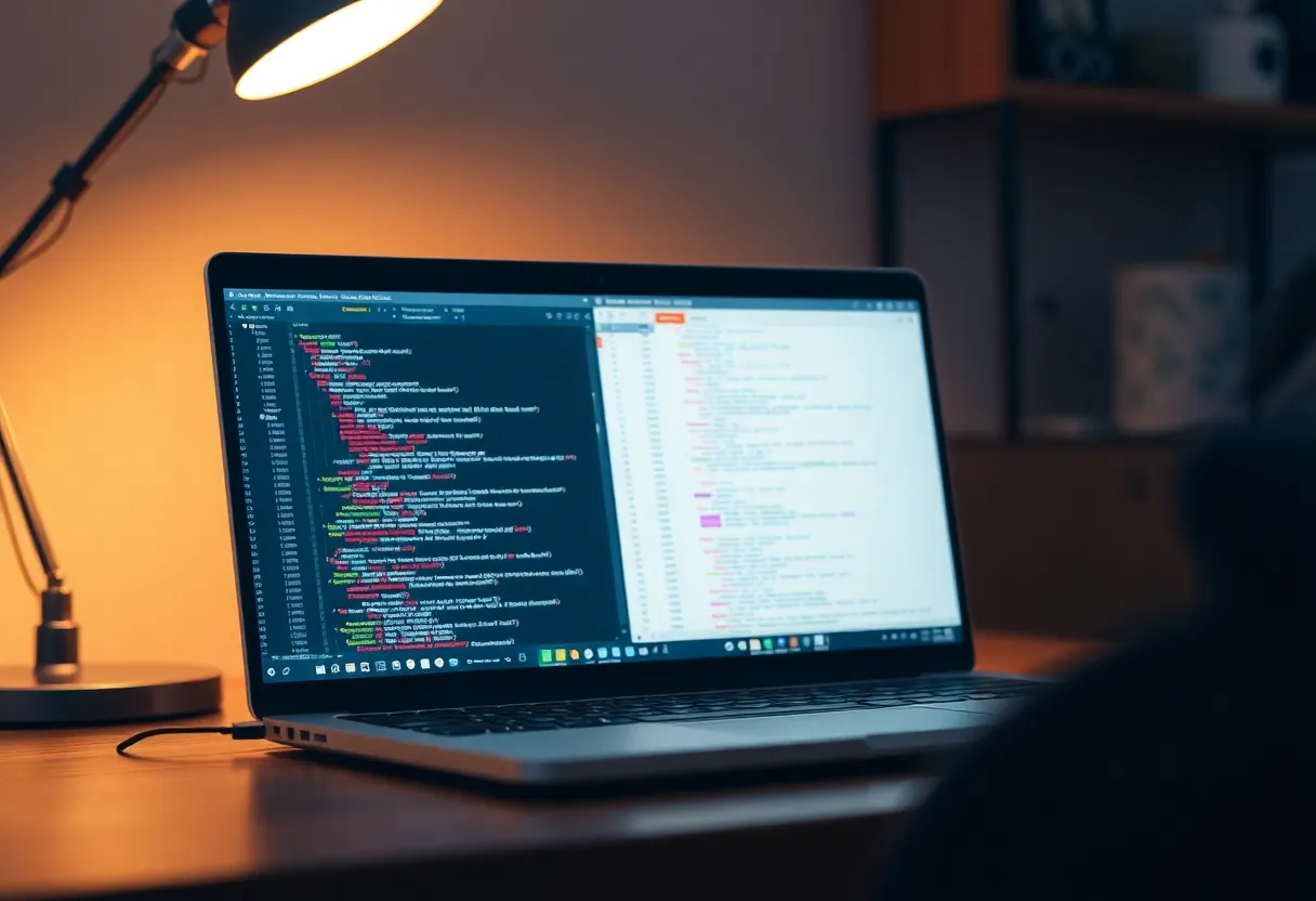 Developer workspace with code and translation resources on a laptop