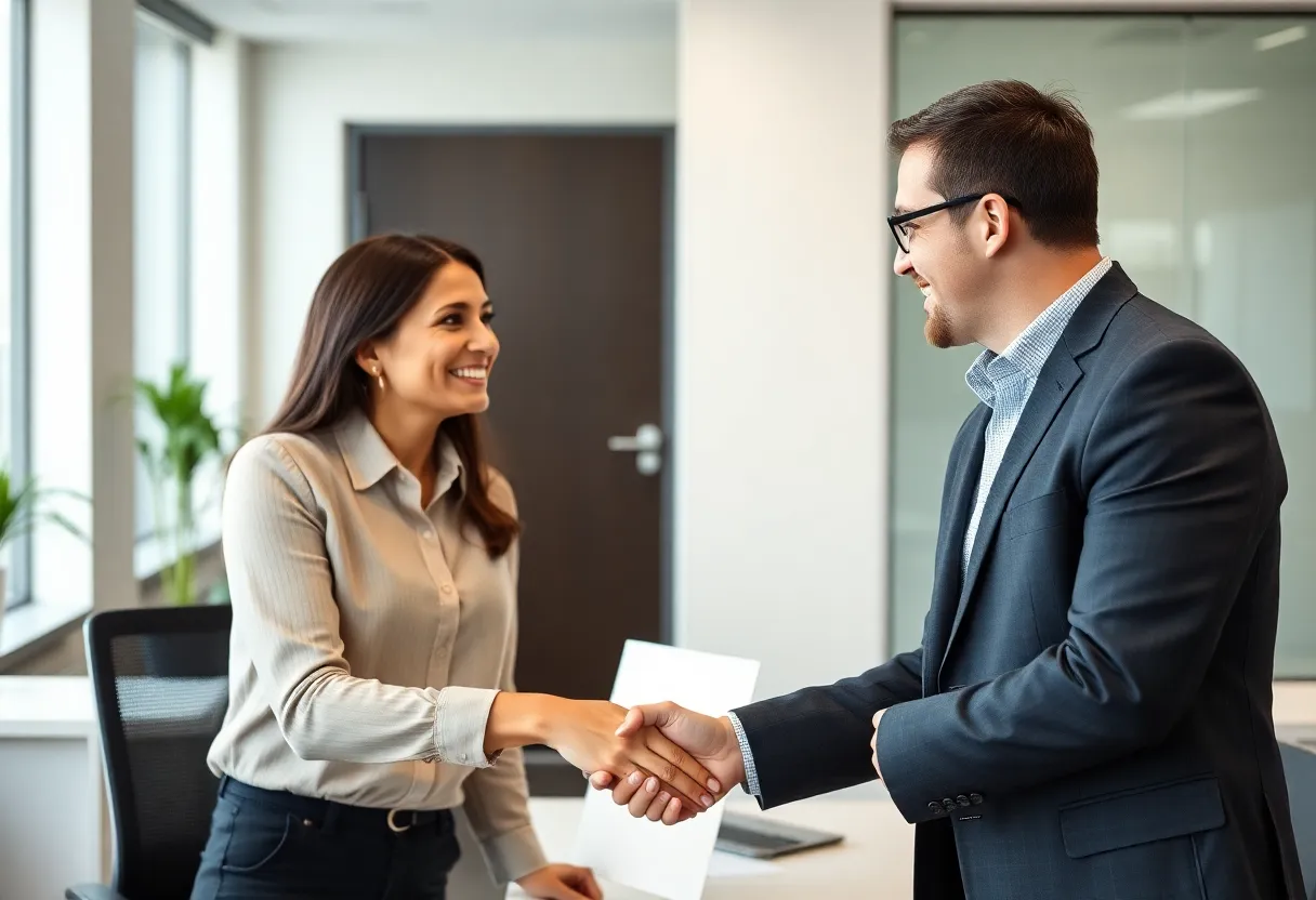 Professional handshake in an office hiring context