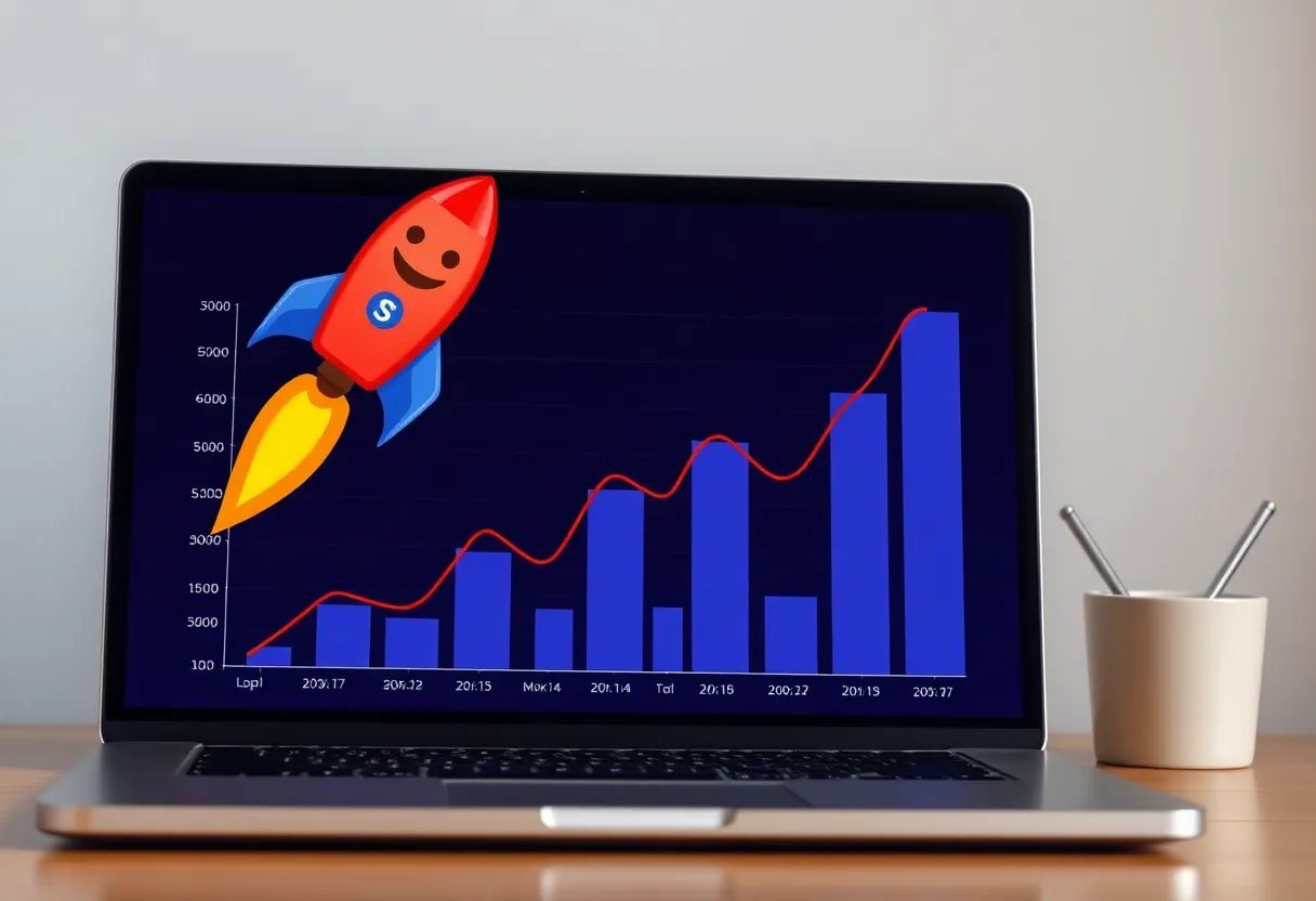 Laptop screen showing exaggerated growth metrics and engagement graphics