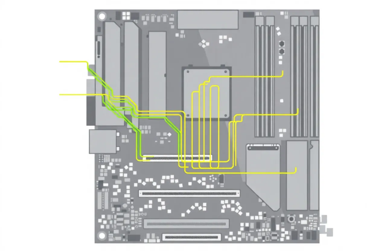 Diagram-style illustration of PCIe lanes routing to GPU and M.2 storage