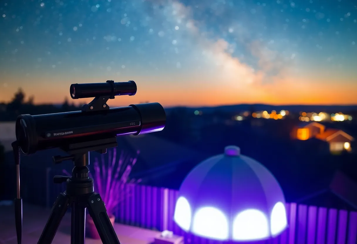 Telescope setup under suburban skyglow with faint Milky Way