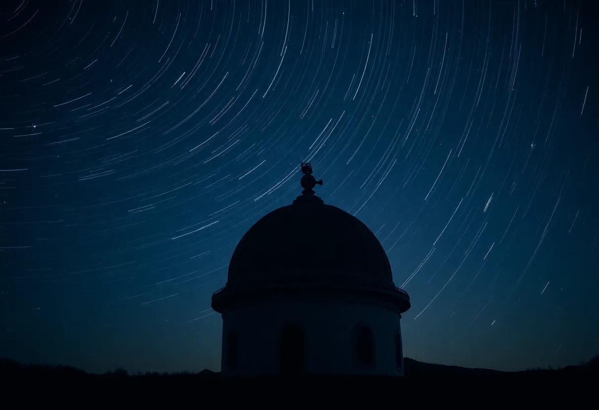 Observatory silhouette under star field with satellite trail patterns