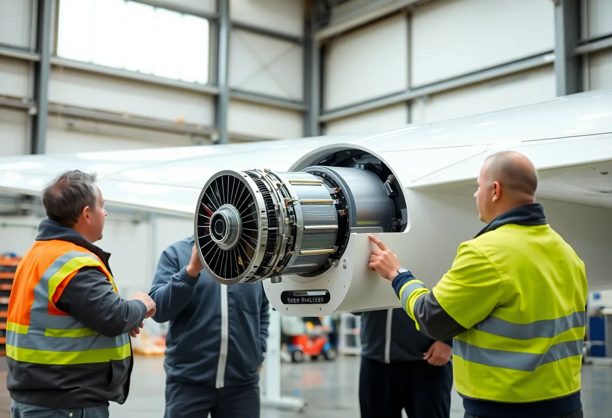 Aerospace engineers inspecting an electric motor and battery pack installed in an aircraft wing