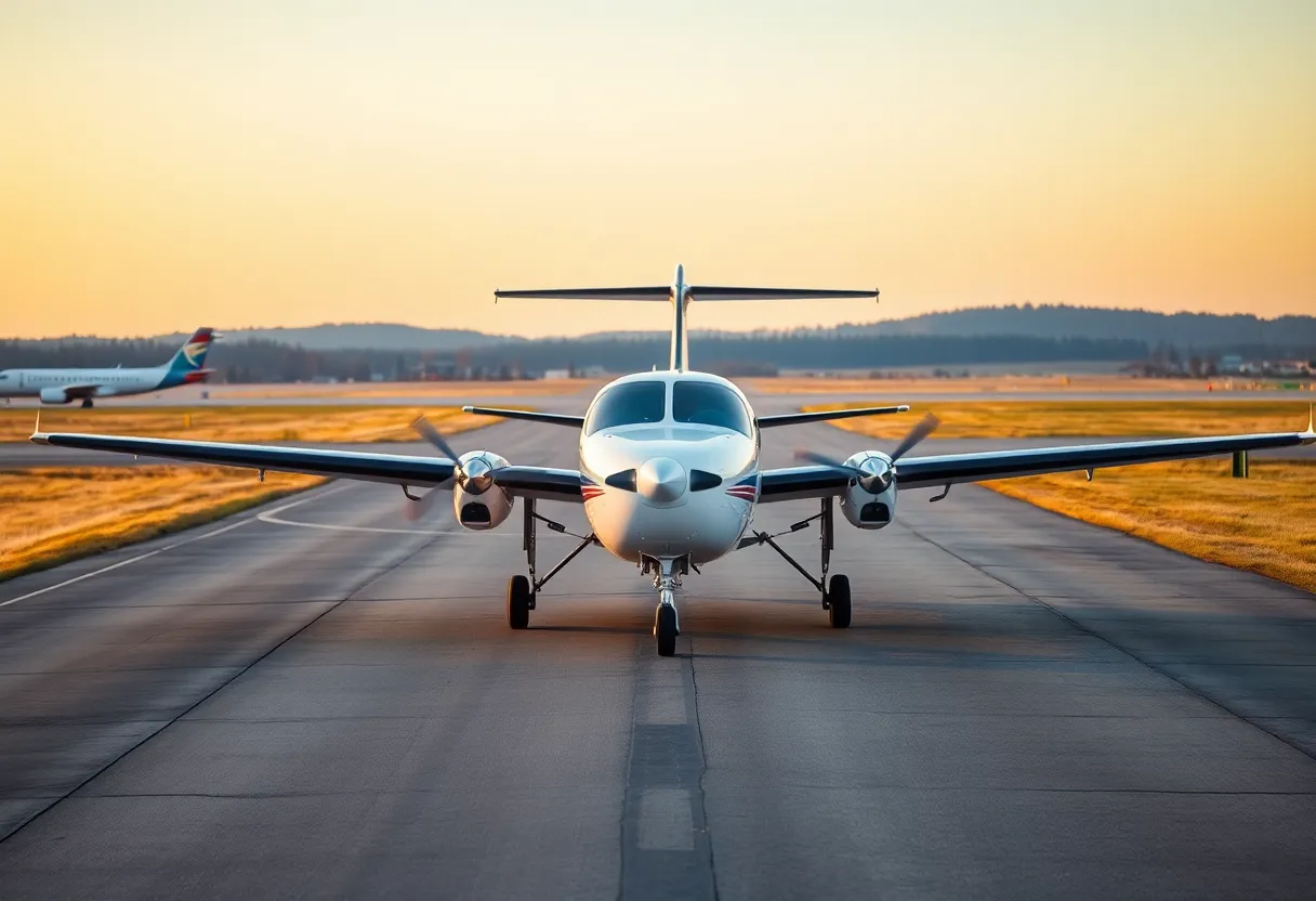 Small hybrid-electric regional turboprop airplane on a runway at a small regional airport