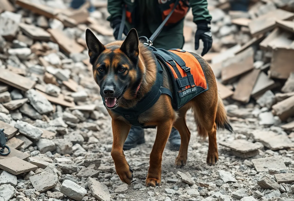 A search and rescue dog with handler working through a rubble debris field