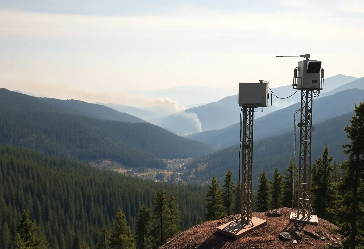 Wildfire detection camera tower on a forested mountain ridge with a smoke plume visible in the distance