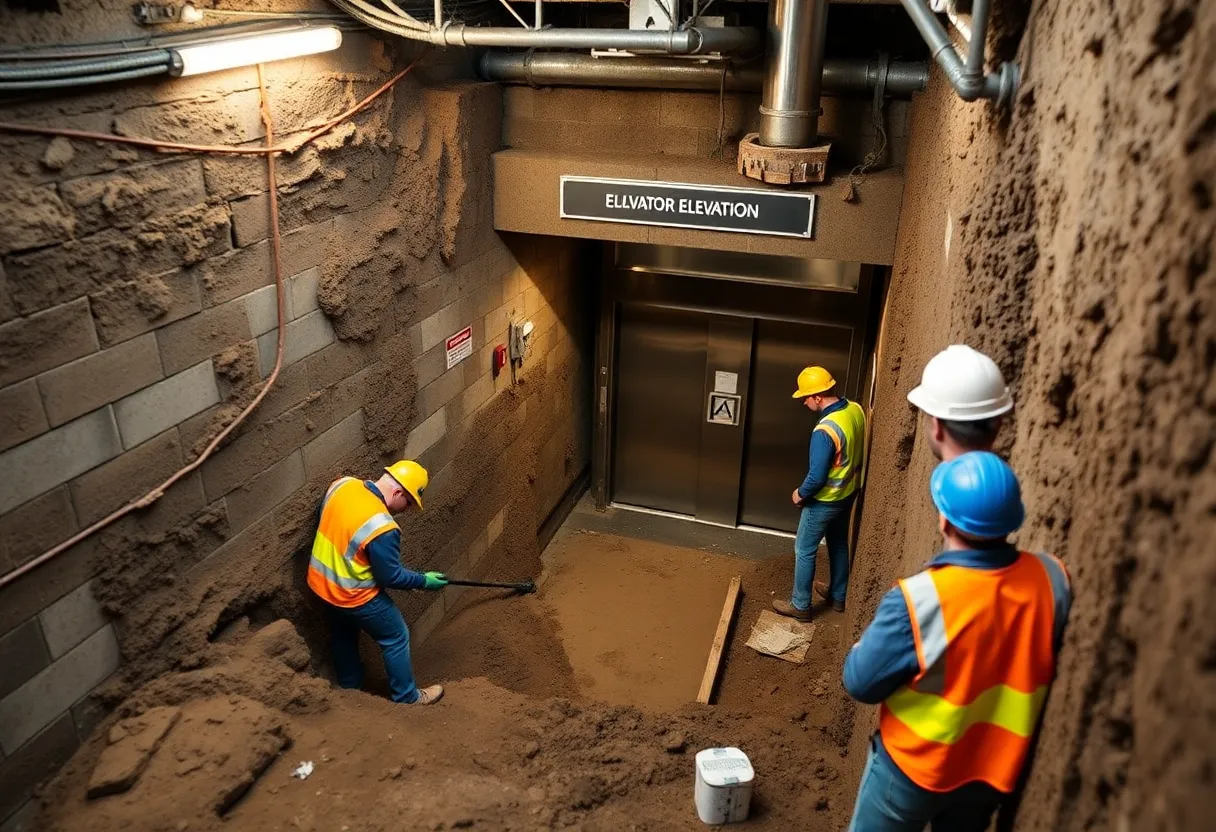 Construction workers excavating around a subway station stairwell to install an elevator shaft