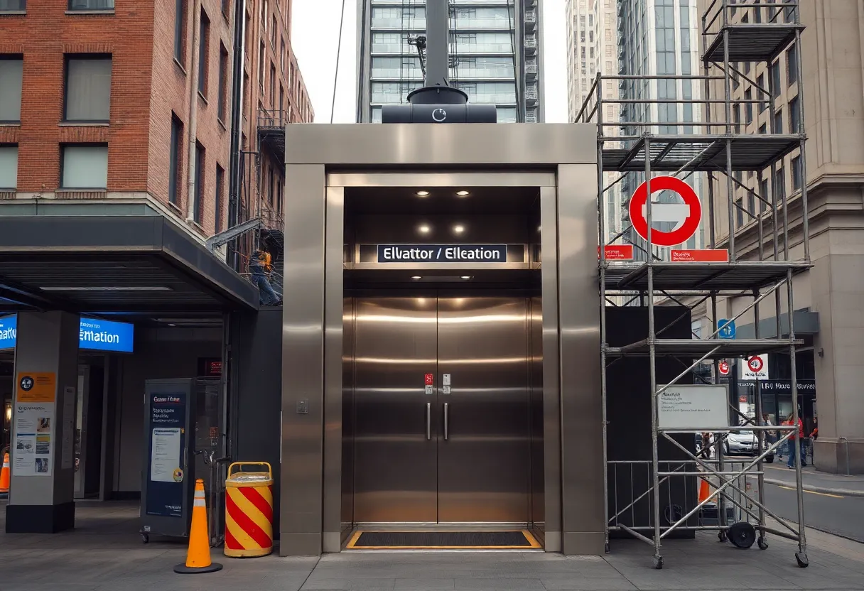 An elevator being installed at a busy urban subway station entrance