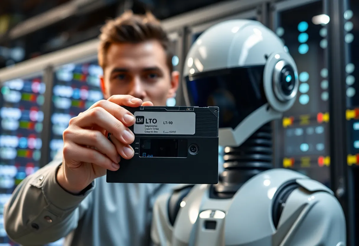 Data center technician holding a modern LTO magnetic tape cartridge in front of a tape storage library robot