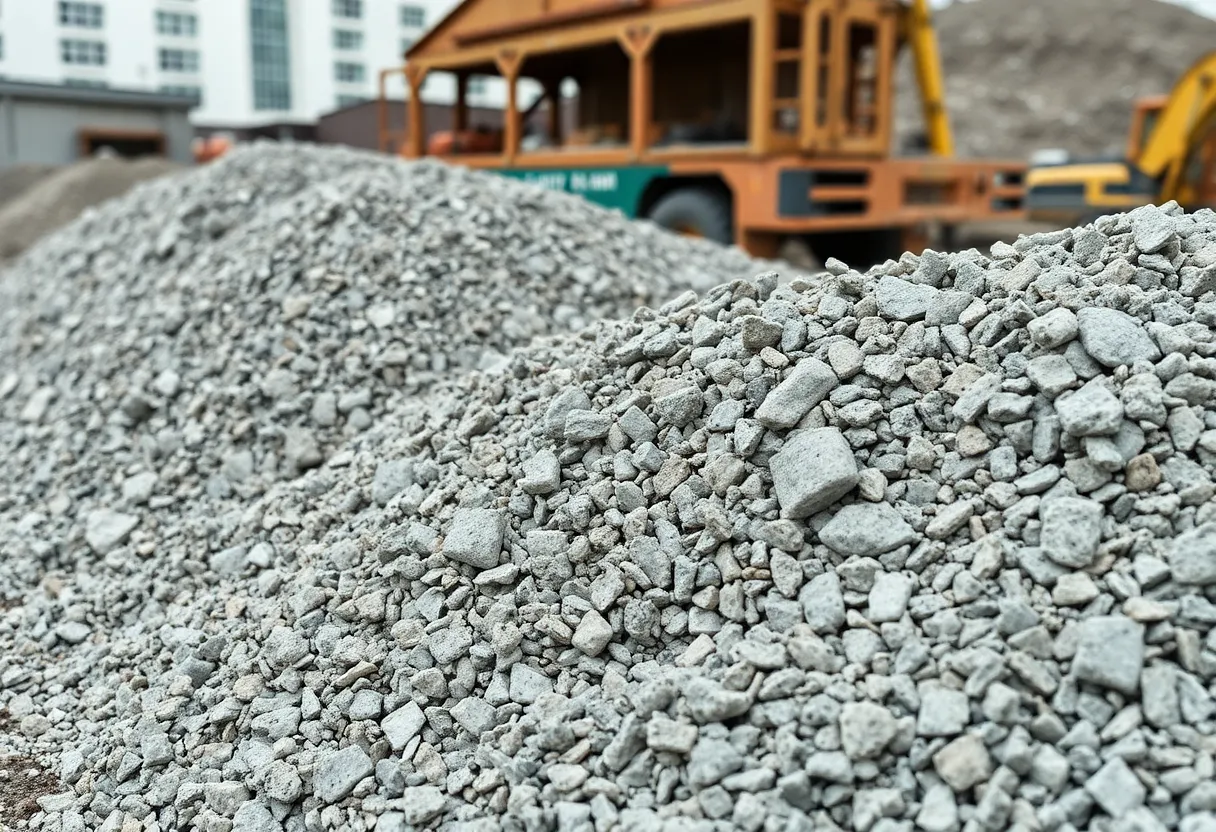 Piles of crushed recycled concrete aggregate at a construction site