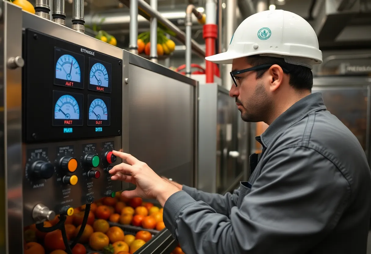 A technician checking gas sensor readouts and an ethylene control panel in a produce ripening facility