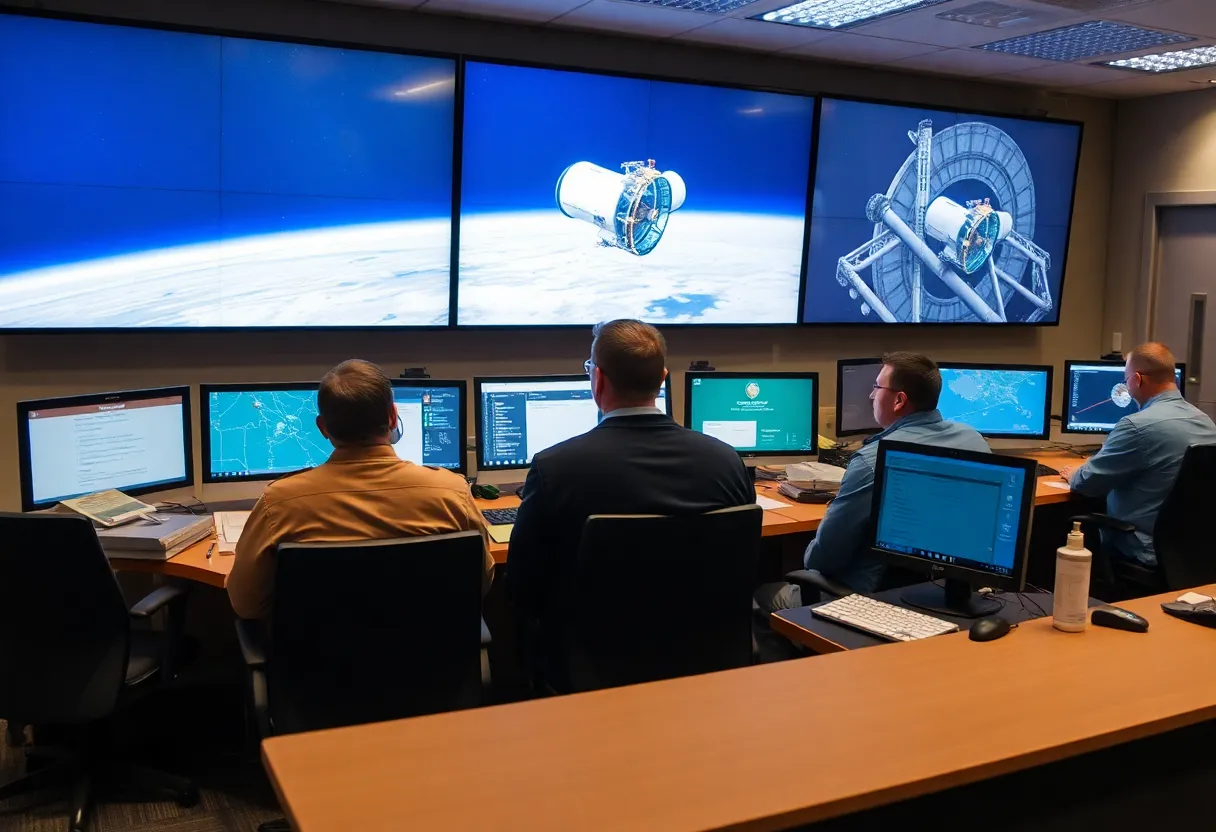 Mission control room with engineers monitoring a satellite servicing mission on large screens
