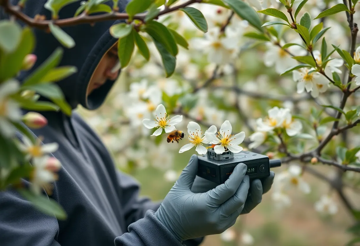 A researcher testing a small robotic pollination device on fruit tree blossoms in an orchard