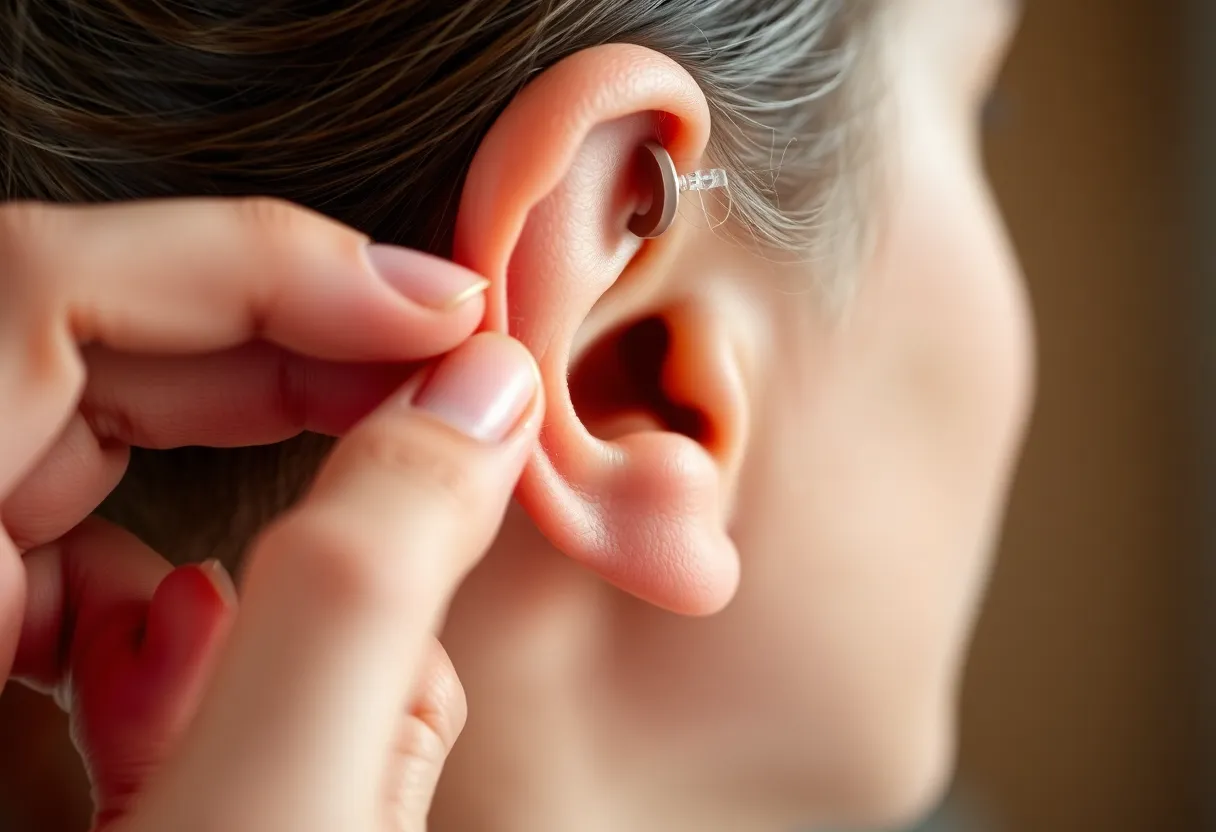 A person fitting a small hearing aid device into their ear