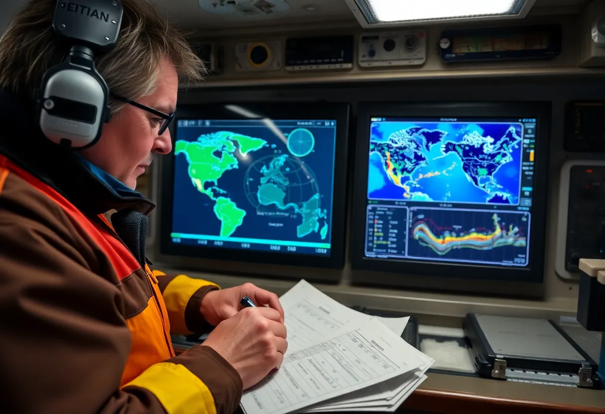 A fisheries inspector examining catch logs and a satellite tracking display aboard a patrol vessel