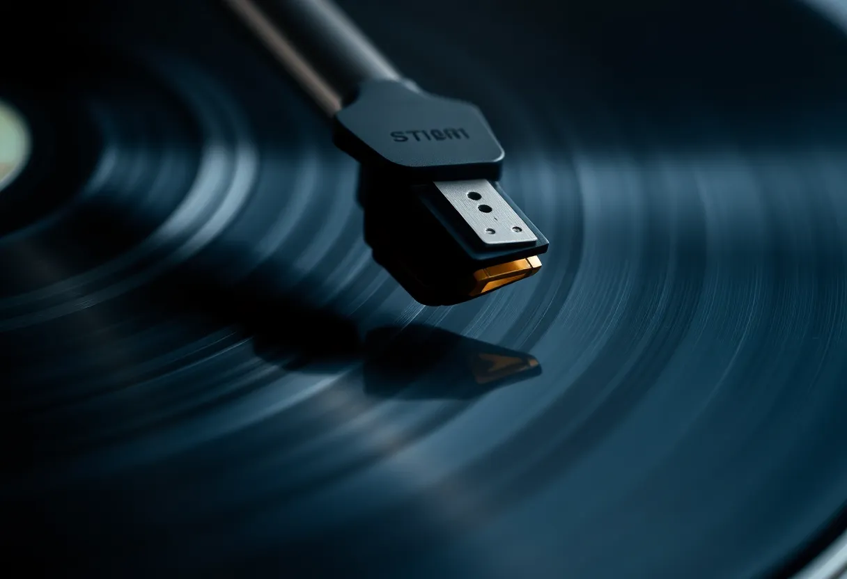 Close-up of a turntable stylus and cartridge tracking grooves on a vinyl record