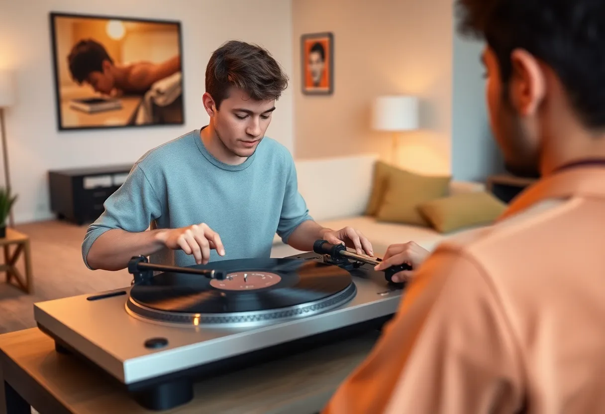Young person setting up a high-end turntable and vinyl record in a stylish modern apartment