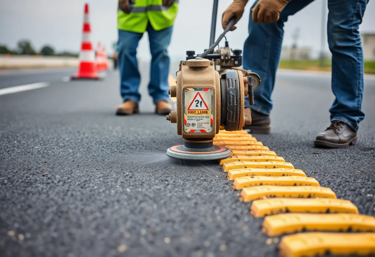 A road construction crew cutting rumble strip grooves into asphalt with a specialized grinding machine