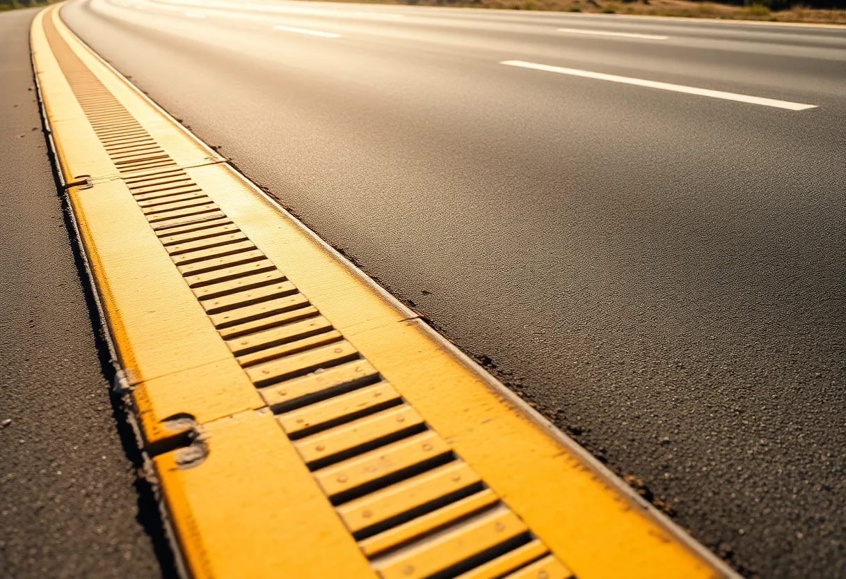 Aerial view of highway shoulder rumble strips with a grooved pattern along the road edge