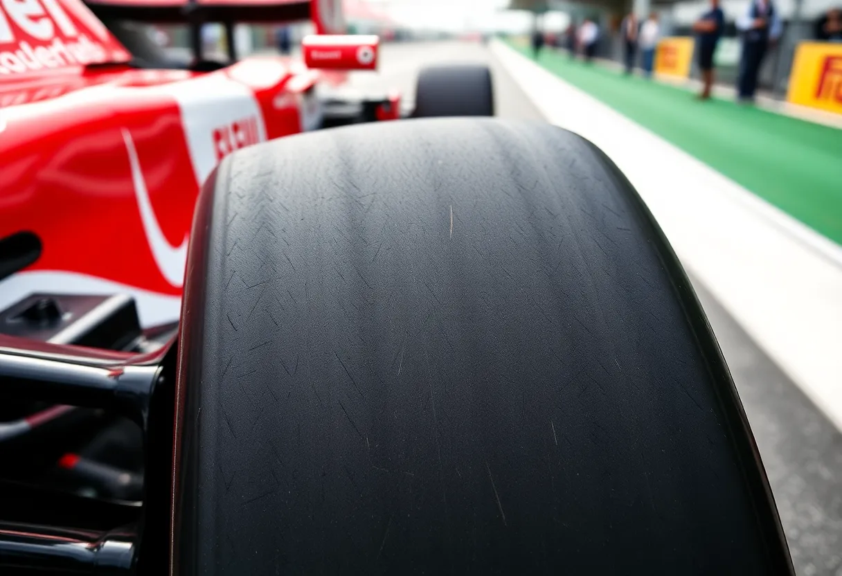 A close-up of a Formula 1 racing tire showing tread wear and heat marks