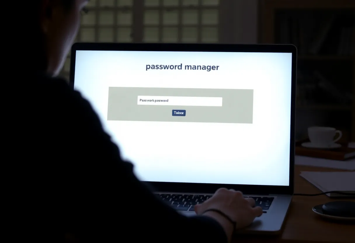 Frustrated person staring at a laptop screen showing a password manager master password prompt