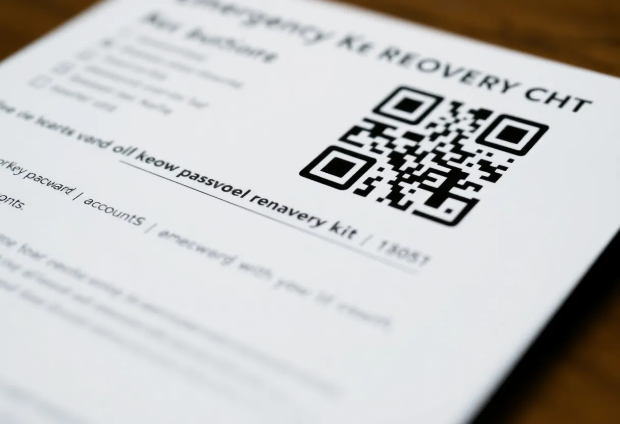 Close-up of a printed emergency recovery kit sheet with a QR code and recovery key for a password manager account