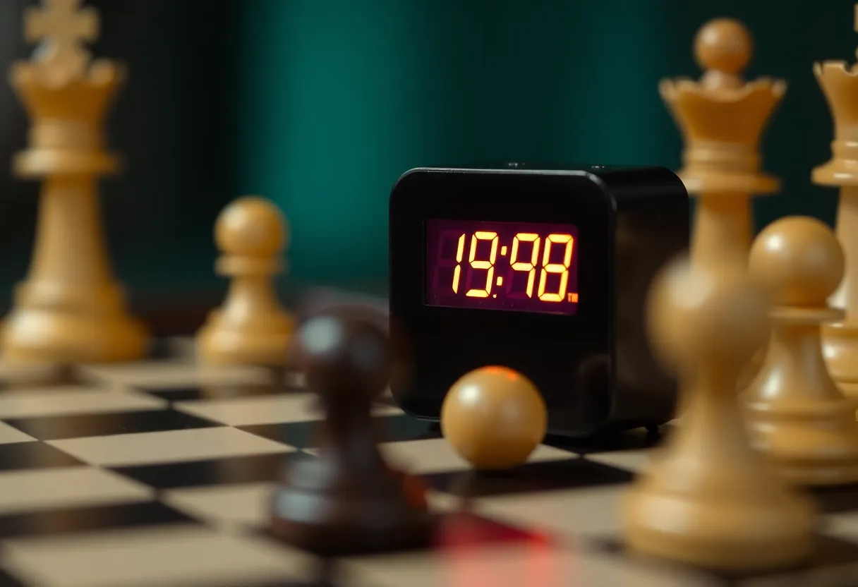 A close-up of a digital chess clock showing a time increment countdown next to a chessboard mid-game