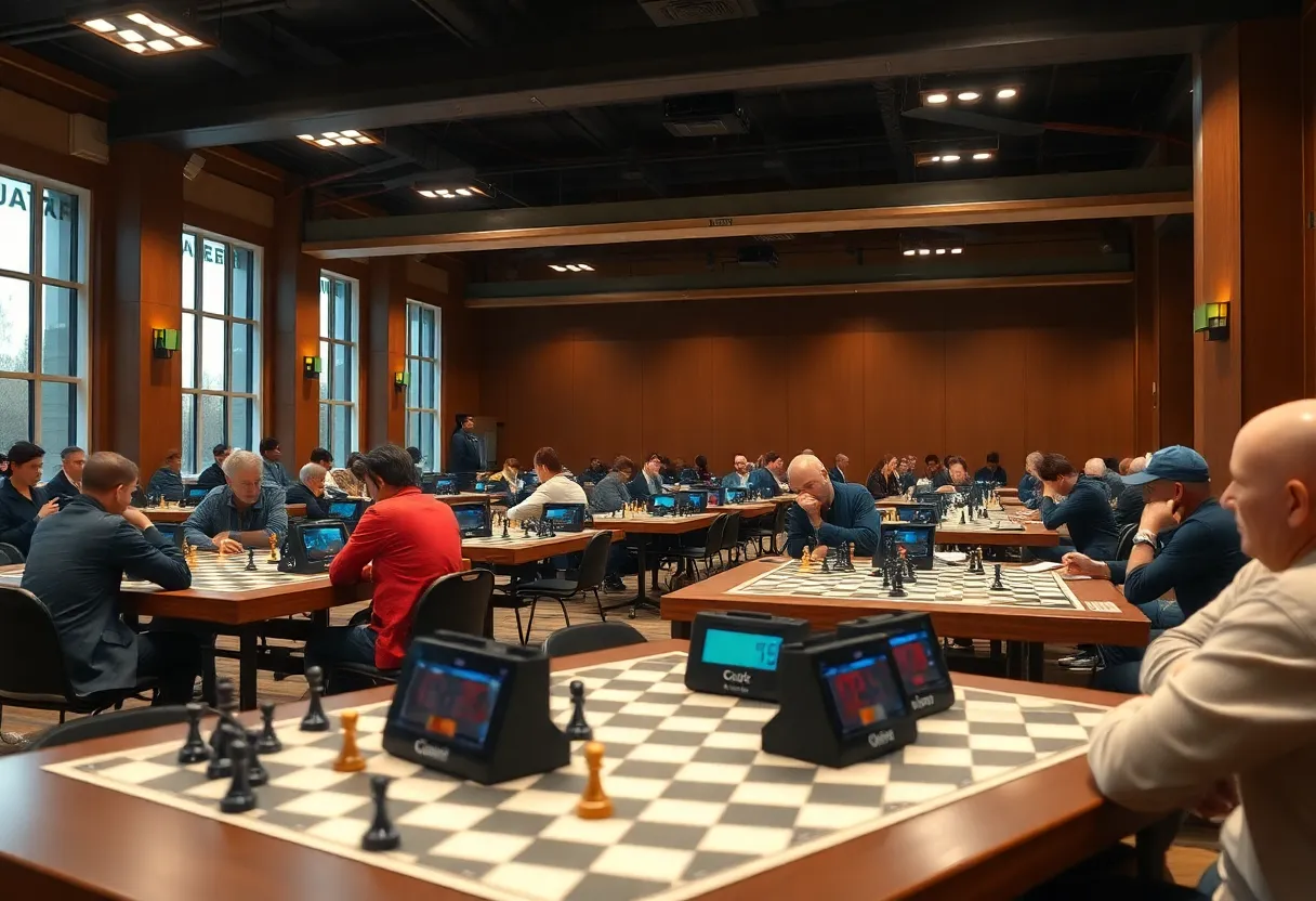 A chess tournament hall with players at boards and digital chess clocks visible on tables