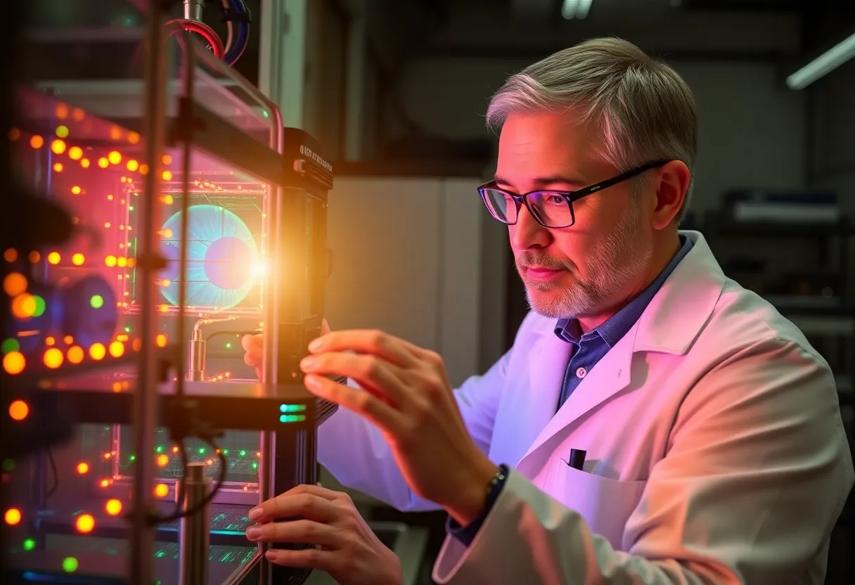 Quantum computing laboratory with researcher operating photonic equipment for quantum communication research