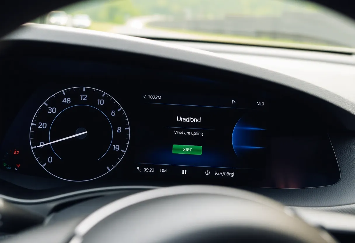 Car infotainment screen showing over-the-air software update downloading in progress while vehicle is parked