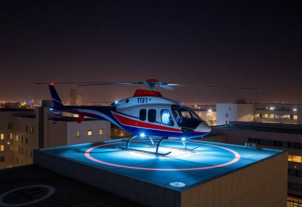 Medical helicopter landing on hospital rooftop helipad at night for emergency organ transport