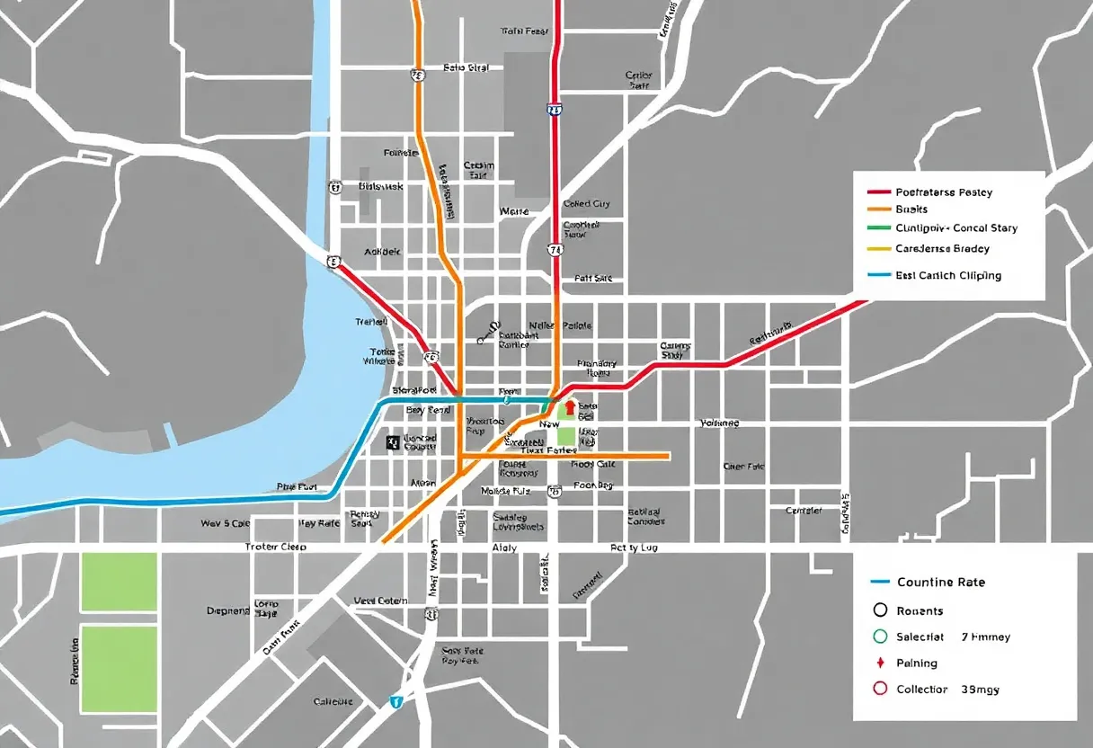 Frequent network transit map showing high frequency bus corridors highlighted in bold as a grid across city