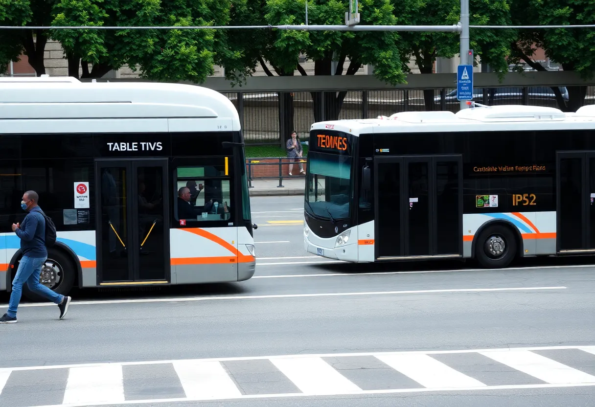 Dedicated bus lane in busy city centre with bus moving freely while car traffic queues in adjacent lanes