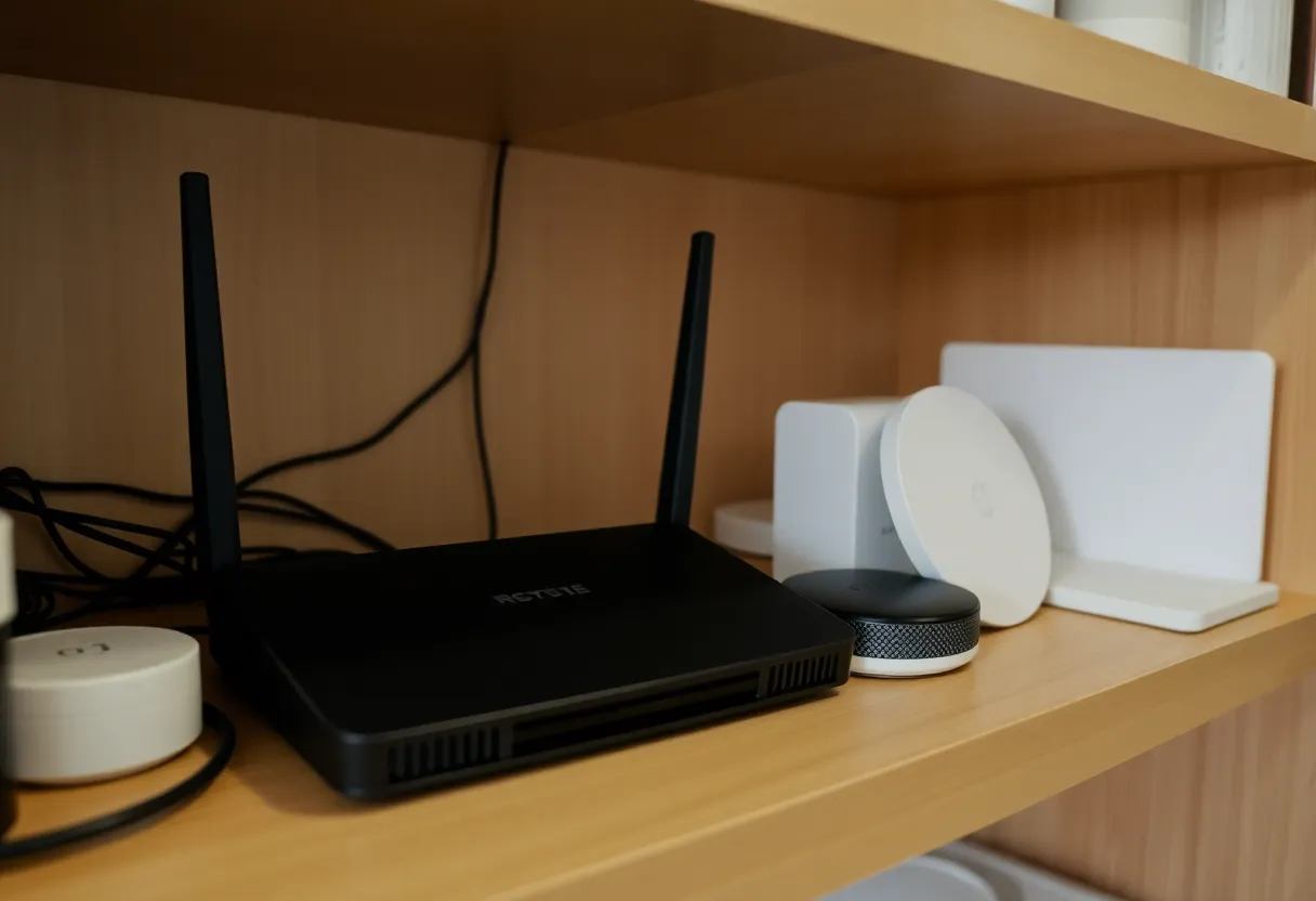 Disconnected smart home hub and IoT devices gathering dust on a shelf after company shutdown