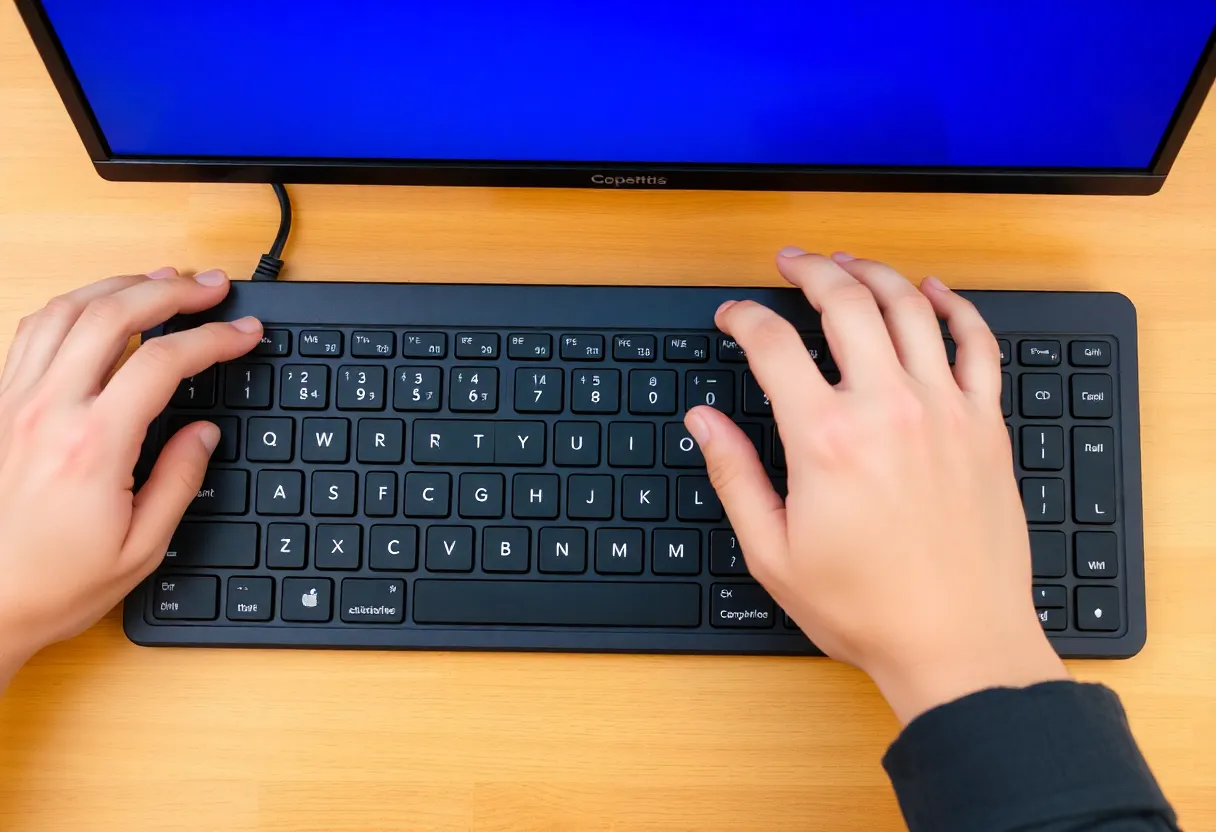 Close-up of hands on a keyboard in correct touch typing position with each finger on its home row key