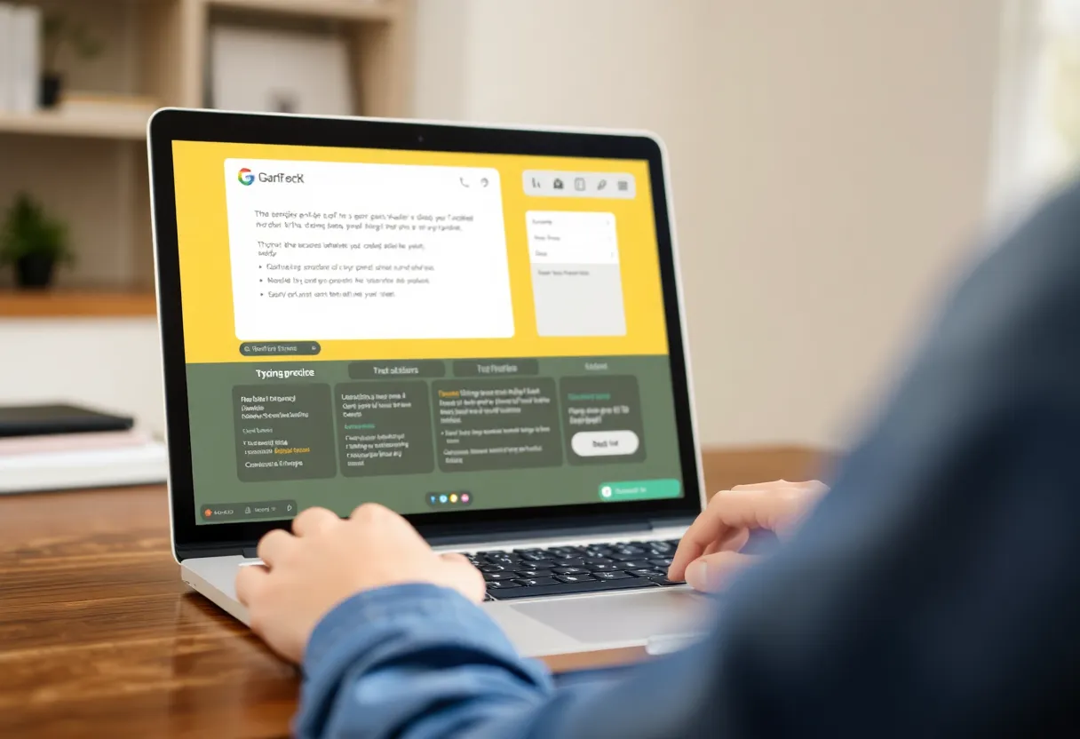 Person practicing touch typing with an online typing tutor application on laptop screen in home office