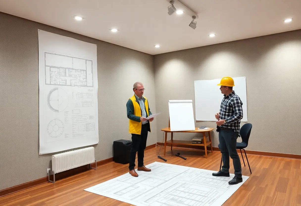 Acoustic engineer reviewing office sound design blueprint and floor plan layout
