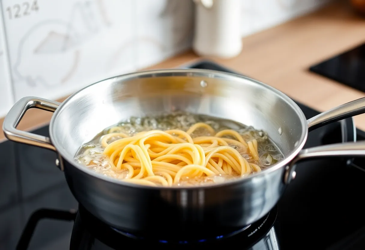 Induction cooktop at full power rapidly boiling a pot of water showing vigorous boil with steam rising