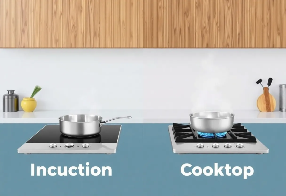 Side by side comparison modern kitchen with induction cooktop on left and gas range on right showing different cooking setups