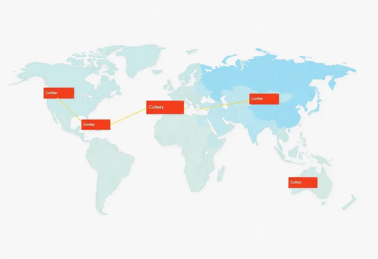 World map showing global supply chain routes with shipping containers at ports and interconnected logistics networks