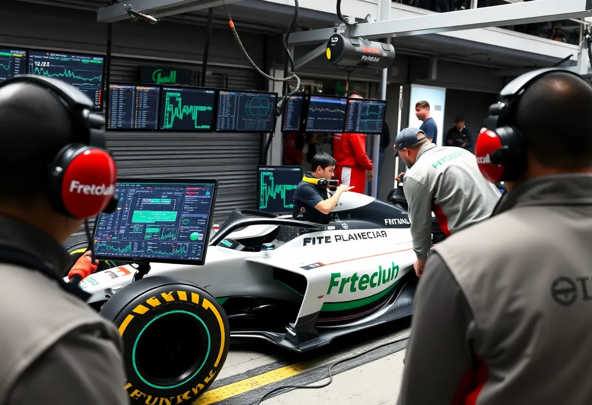 F1 race team engineering wall telemetry screens race strategy pit stop coordination