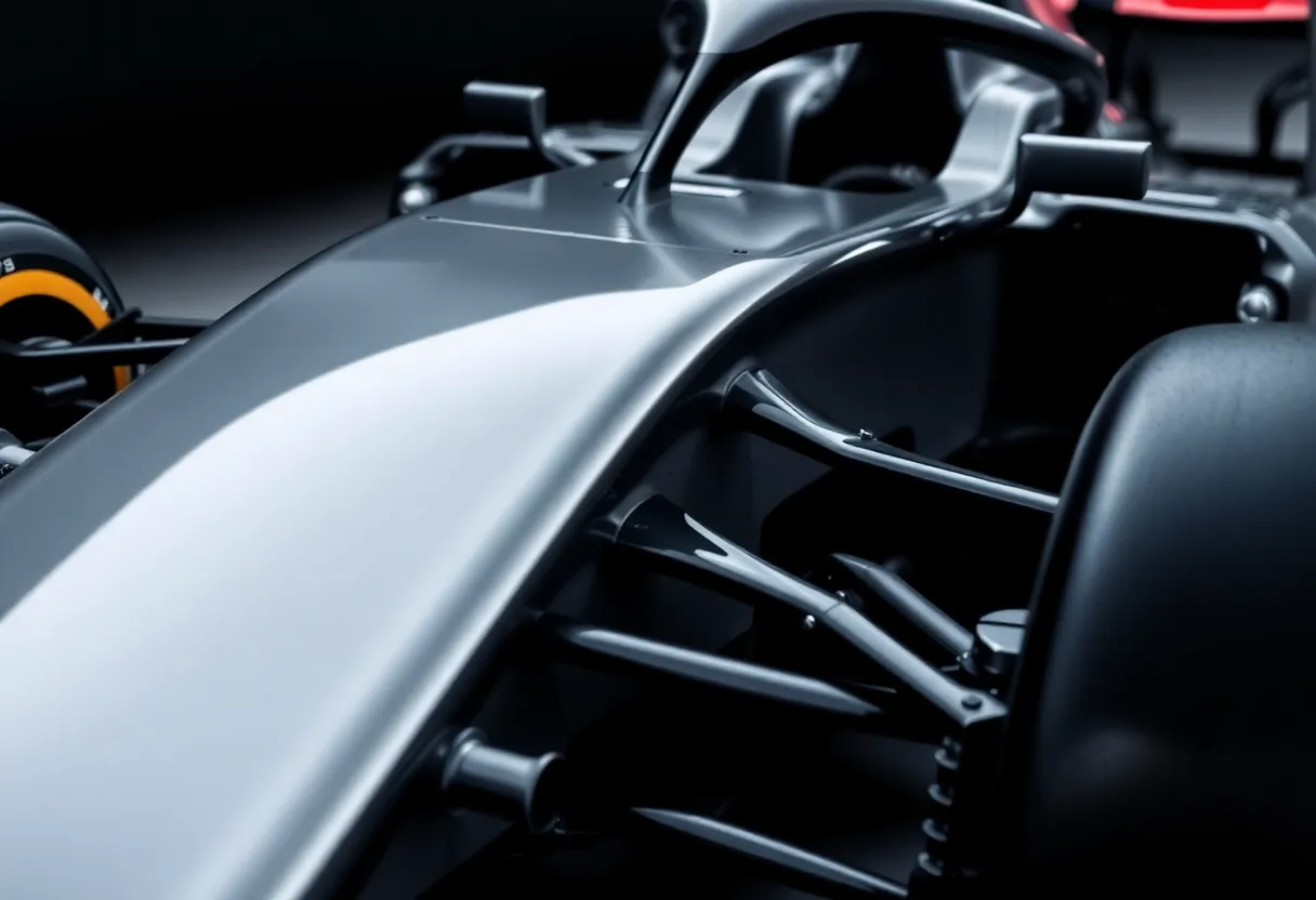 Formula 1 car carbon fiber aerodynamic bodywork close-up technical engineering detail