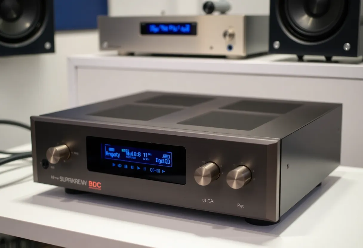 Audiophile digital-to-analog converter and headphone amplifier setup on listening desk with quality headphones