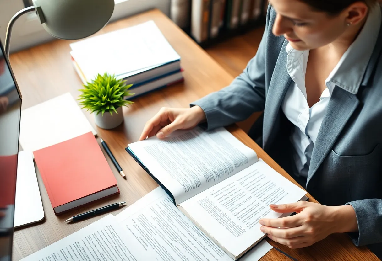 Professional human translator working at desk with documents bilingual reference materials